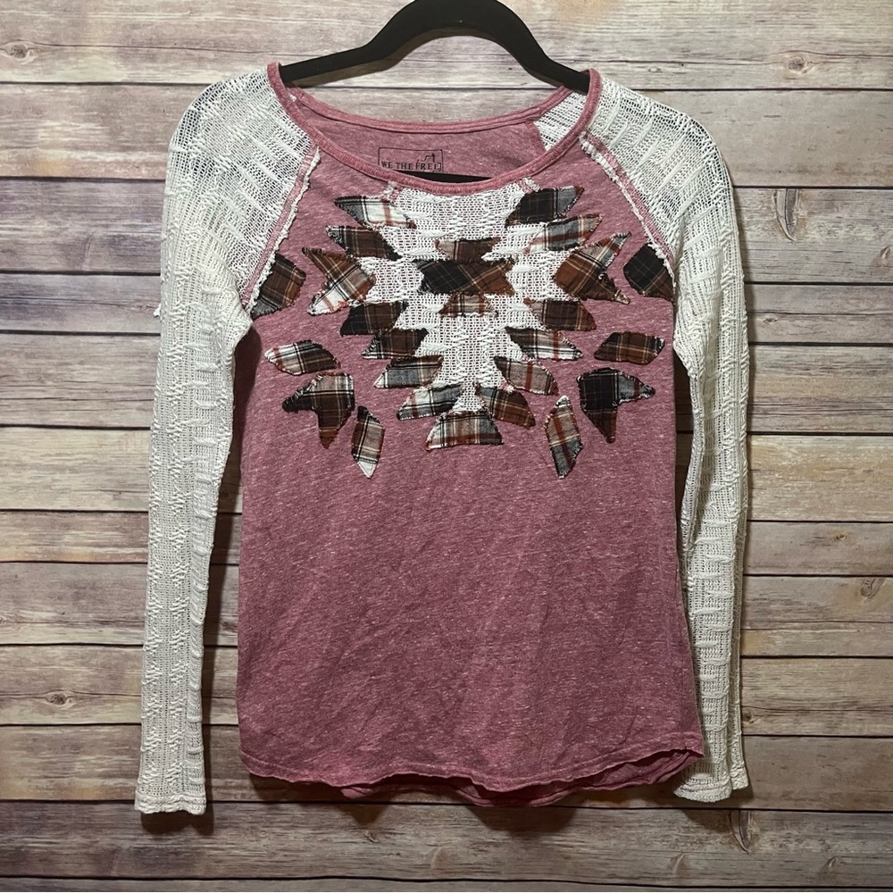 WE THE FREE Plaid Aztec Patchwork Knit Long Sleeve XS E2